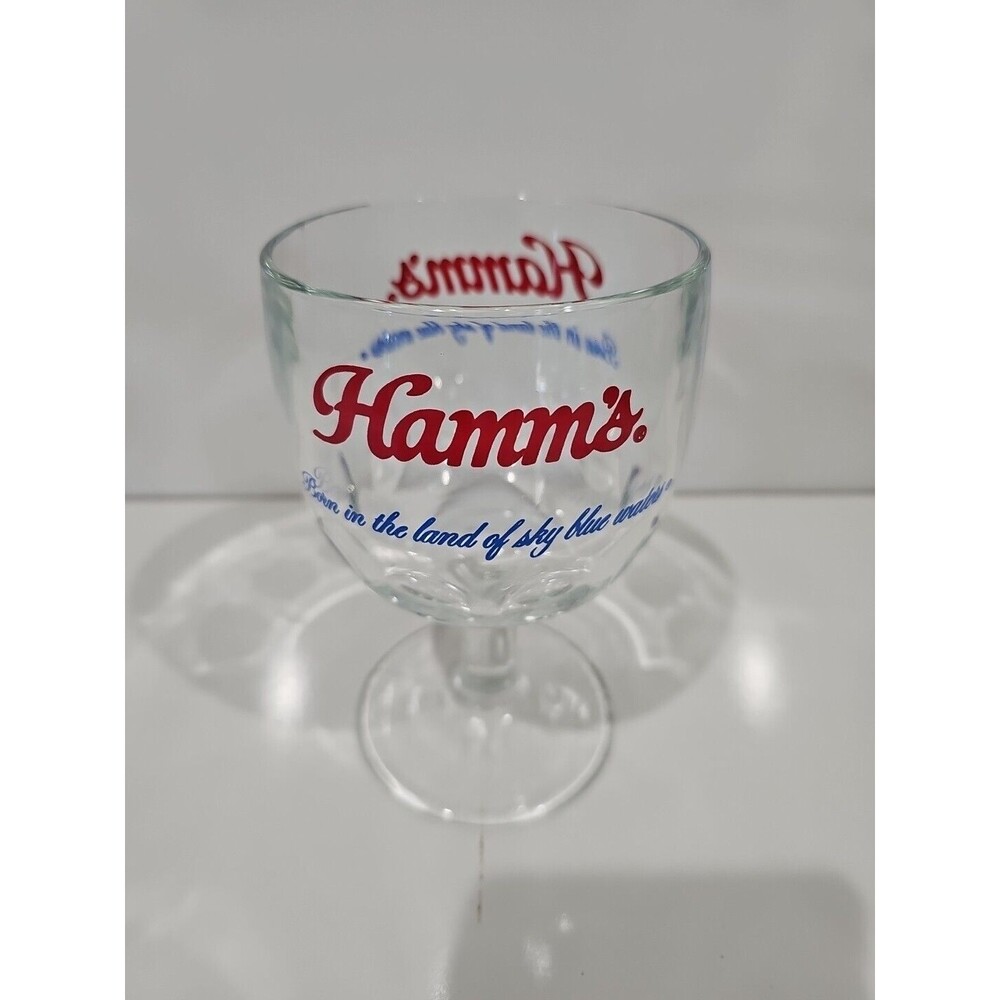 VINTAGE HAMM'S GOBLET THUMBPRINT STEMMED RED BLUE BEER GLASS SKY BLUE WATERS